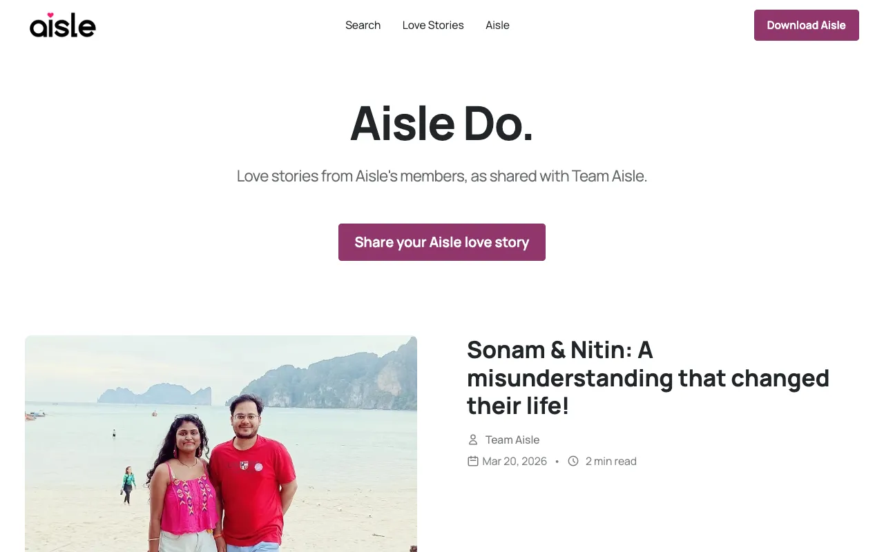 Aisle blog homepage, a Consumer / Dating blog example built on Superblog