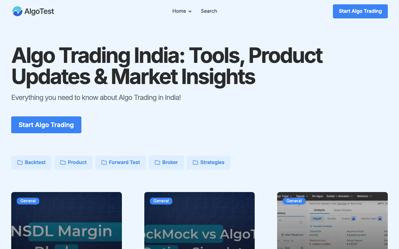 AlgoTest blog homepage, a Fintech / Trading blog example built on Superblog