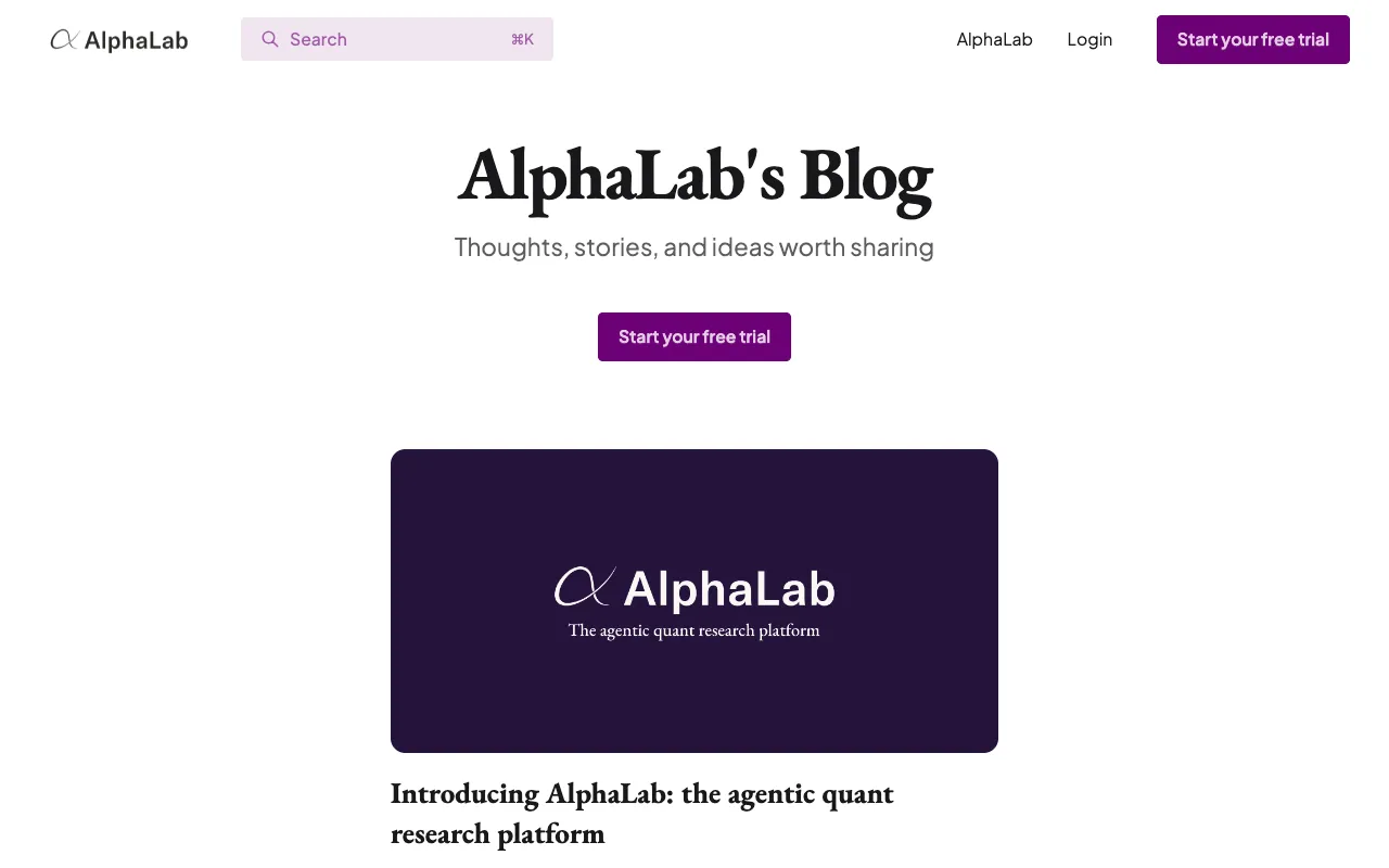 AlphaLab blog homepage, a AI / Quant Research blog example built on Superblog