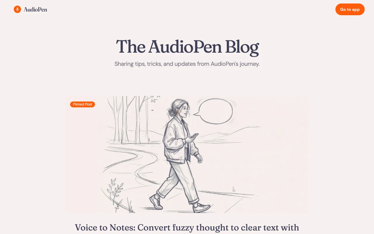 AudioPen blog homepage, a AI / Productivity blog example built on Superblog