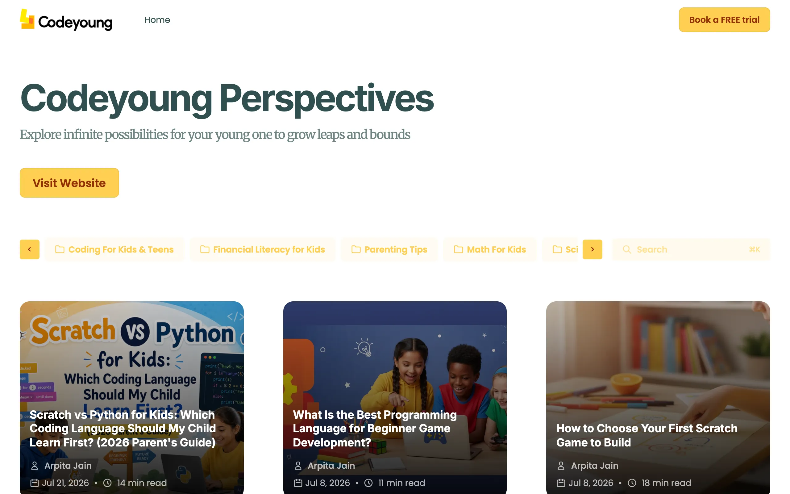 Codeyoung blog homepage, a EdTech / Coding blog example built on Superblog