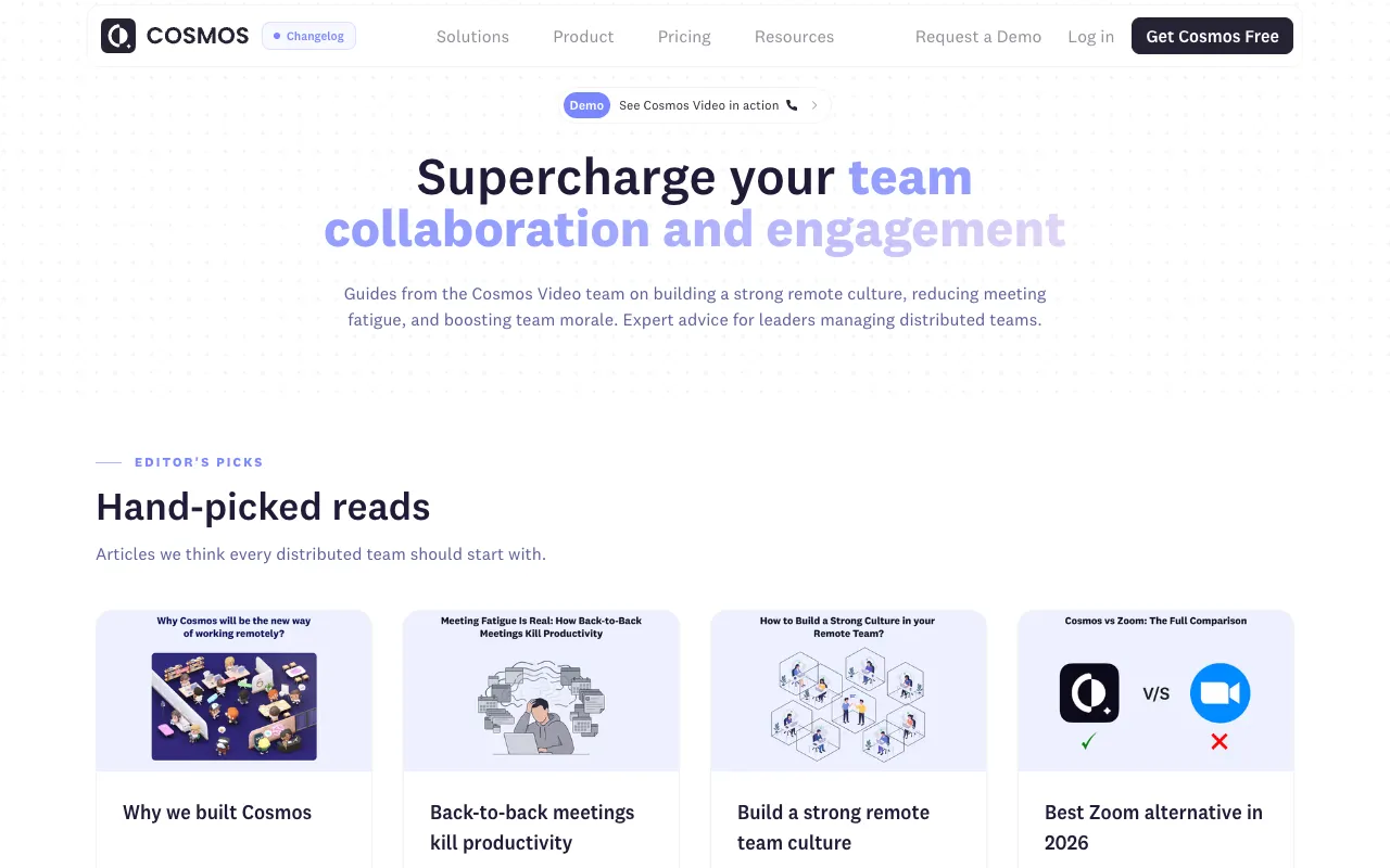 Cosmos Video blog homepage, a SaaS / Video blog example built on Superblog