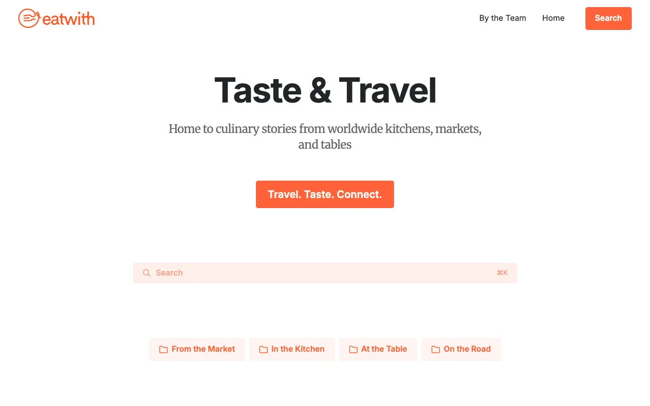 Eatwith blog homepage, a Marketplace / Food blog example built on Superblog