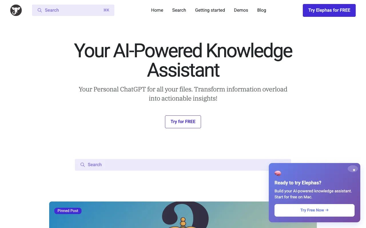 Elephas blog homepage, a AI / Mac App blog example built on Superblog