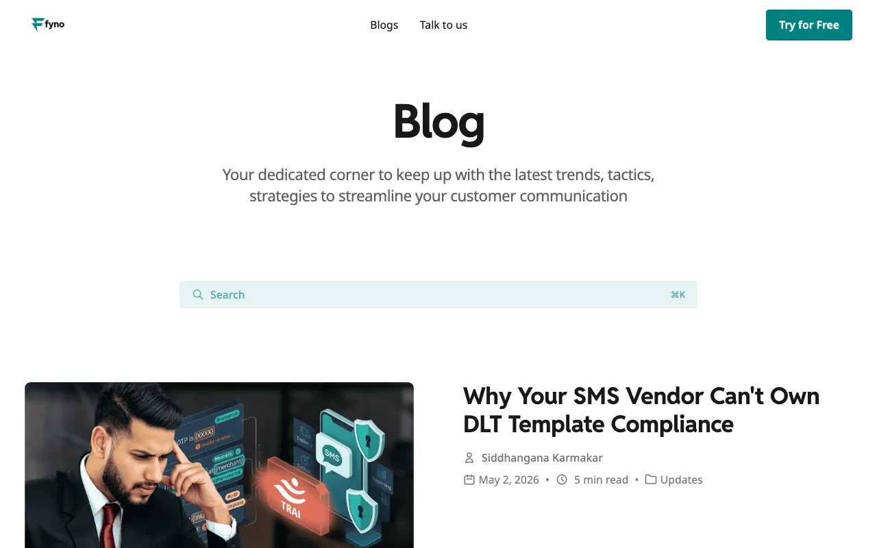 Fyno blog homepage, a DevTools blog example built on Superblog