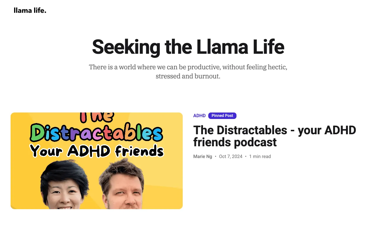 Llama Life blog homepage, a Productivity blog example built on Superblog