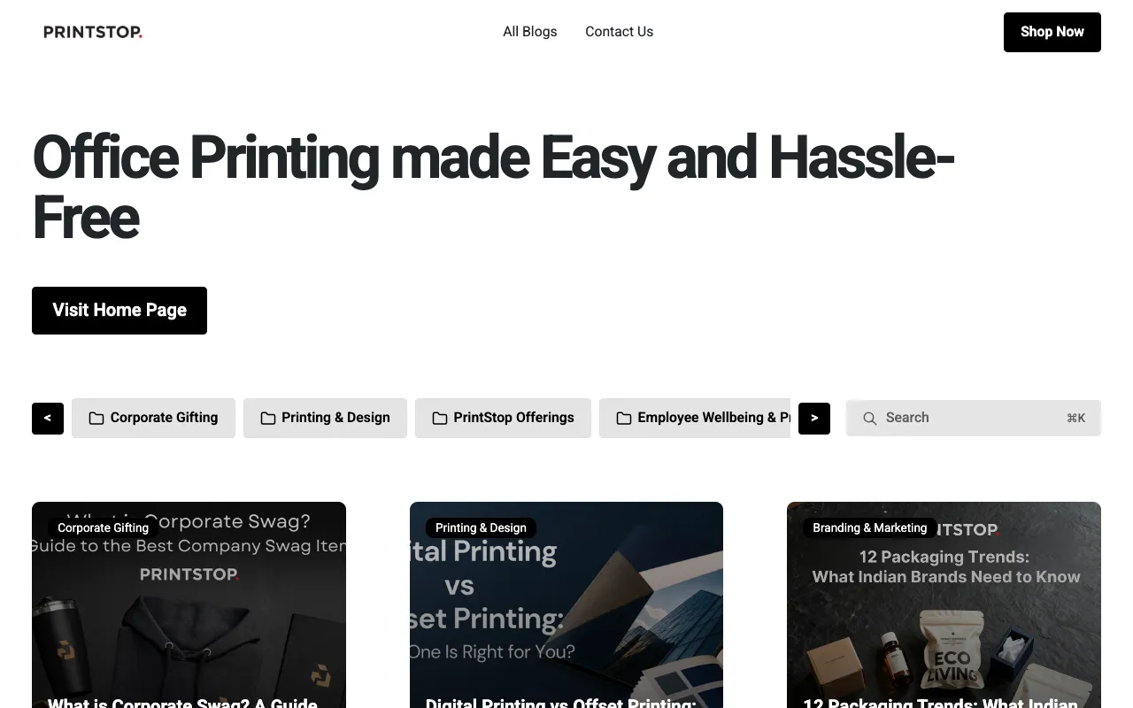 PrintStop blog homepage, a E-commerce / Print blog example built on Superblog