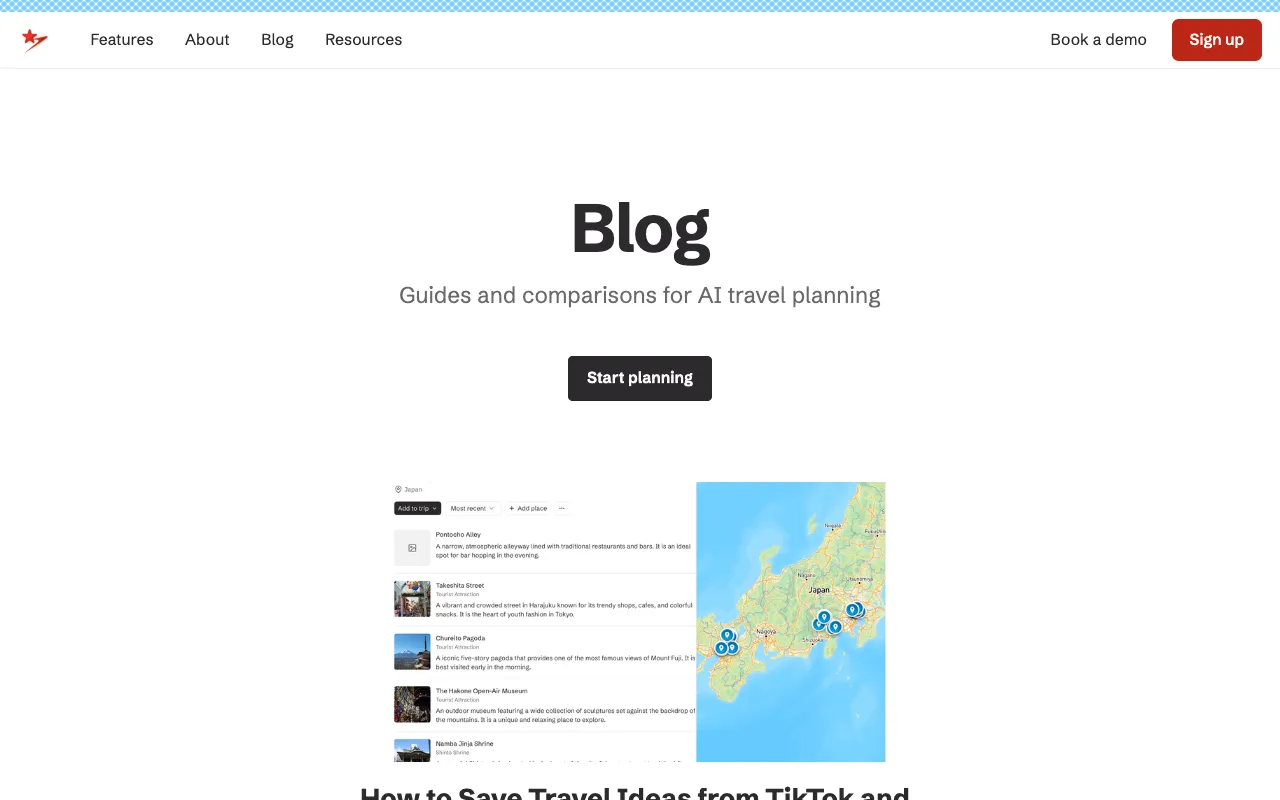 Stardrift blog homepage, a AI / Travel blog example built on Superblog