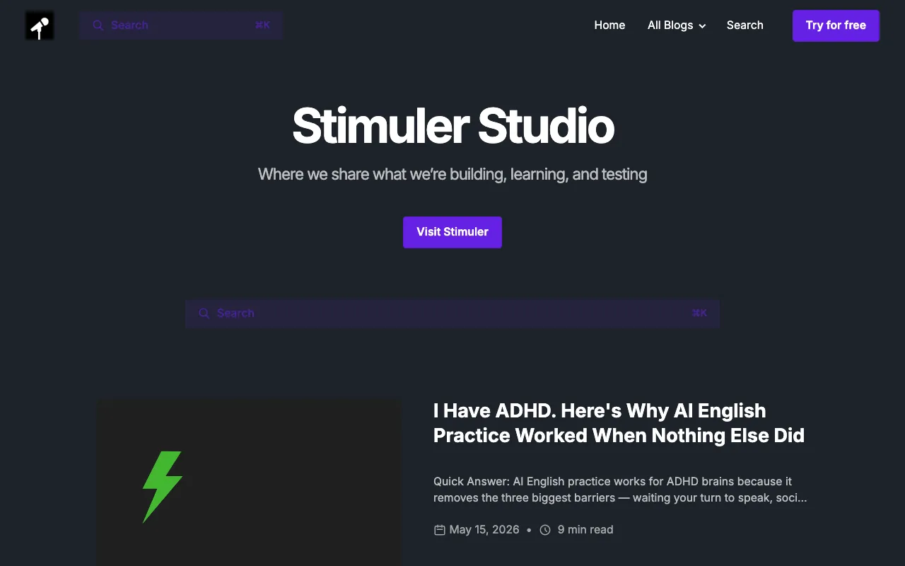 Stimuler blog homepage, a EdTech / Language blog example built on Superblog