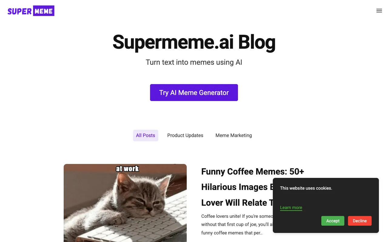 Supermeme blog homepage, a AI / Marketing blog example built on Superblog
