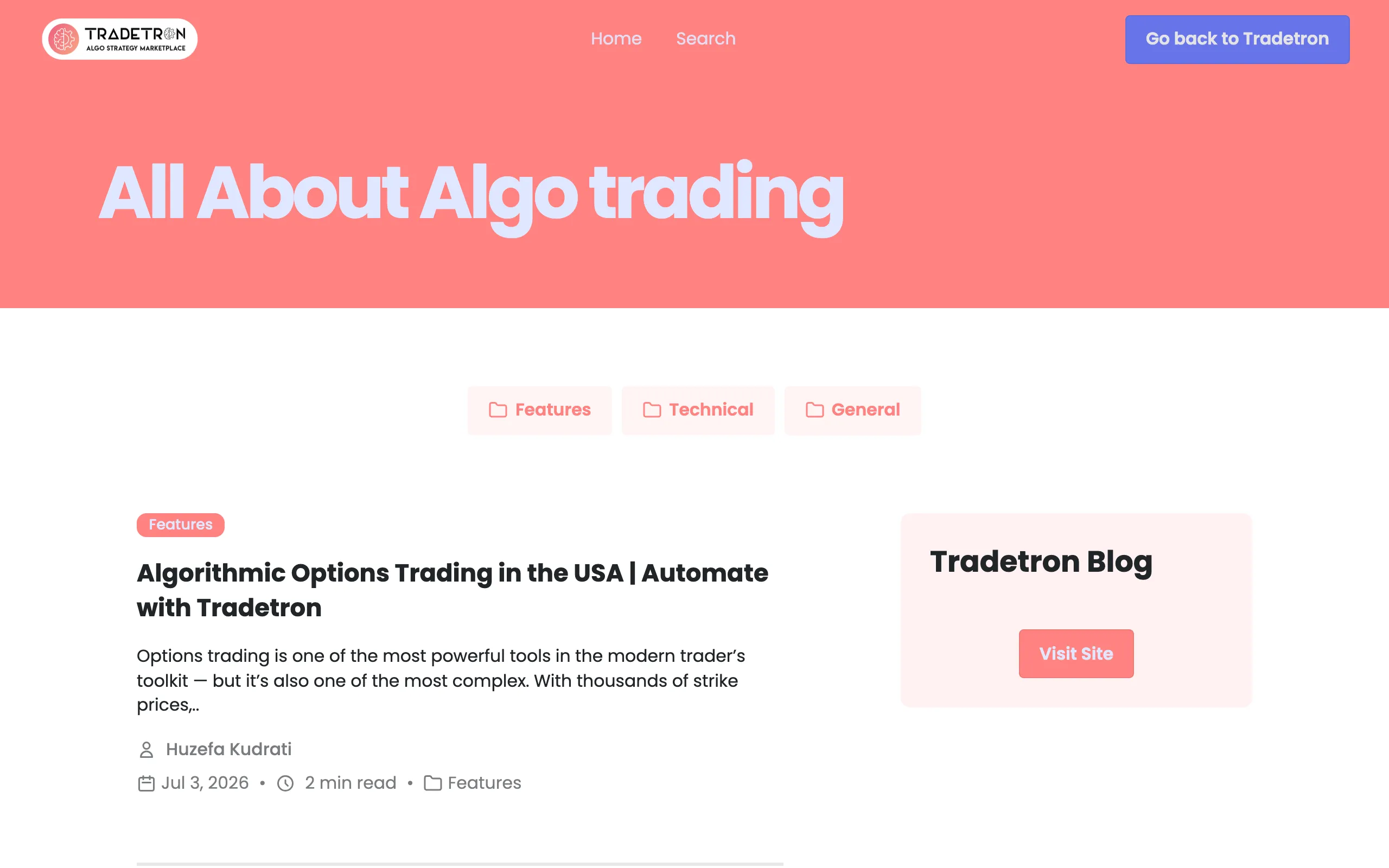 Tradetron blog homepage, a Fintech / Algo Trading blog example built on Superblog