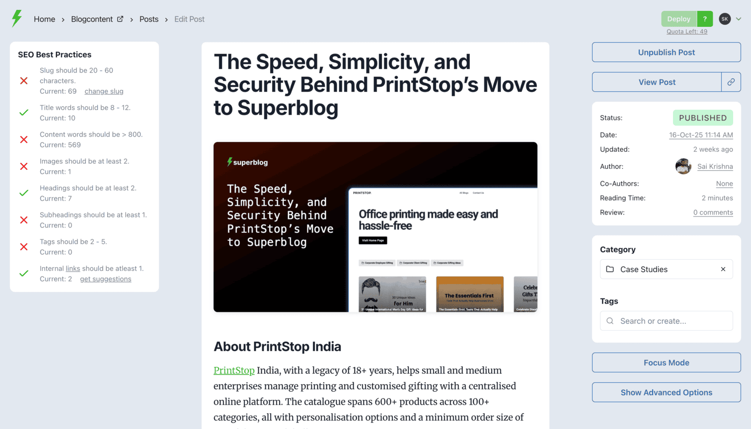 Superblog interface showing Post Editor
